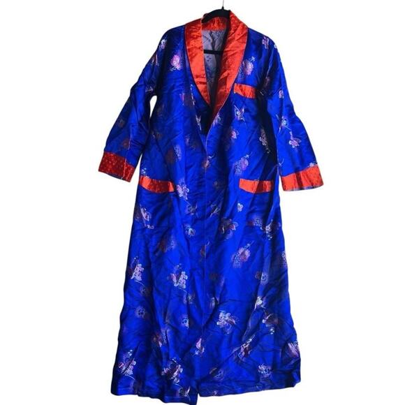 Unbranded Other - Vintage Men's Silk? Satin Robe Floral Brocade Blue Size LARGE with 3 Pockets